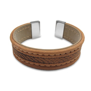 CO88 Collection 8CB-19002 - Leather bangle with steel elements - rope pattern - one-size - beige / taupe / silver colored