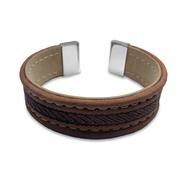 CO88 Collection 8CB-19003 - Leather bangle with steel elements - rope pattern - one-size - brown / taupe / silver colored