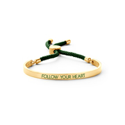 Key Moments 8KM BC0034 Steel Open Bangle with Text and Rope follow your heart Size 58x45 mm Gold colored / Dark green