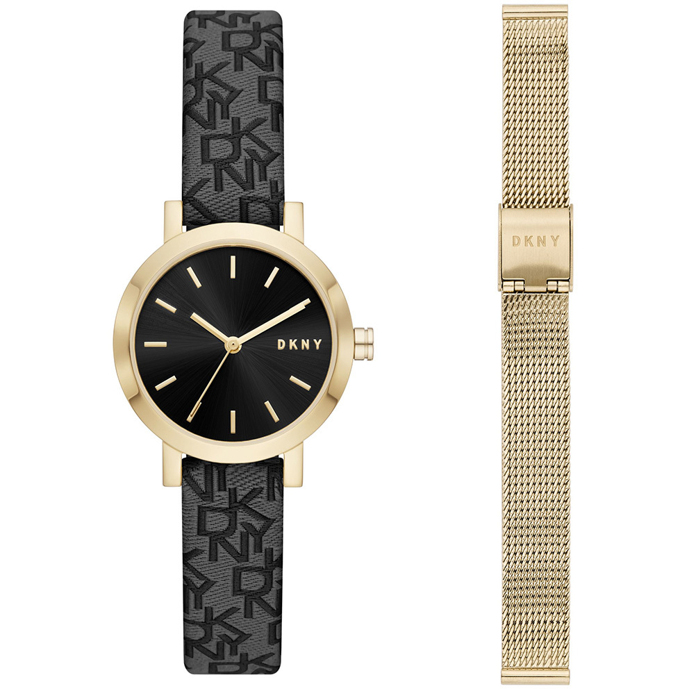 DKNY NY6616SET Watch Gift Set Soho steel leather gold coloured black steel watch strap 28 mm